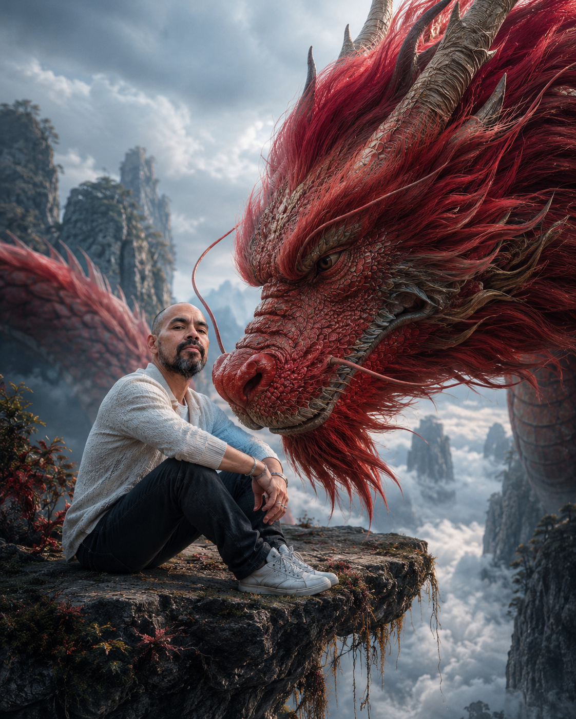 Daniel Lord sitting on a cliff edge above the clouds, facing a large red Asian dragon